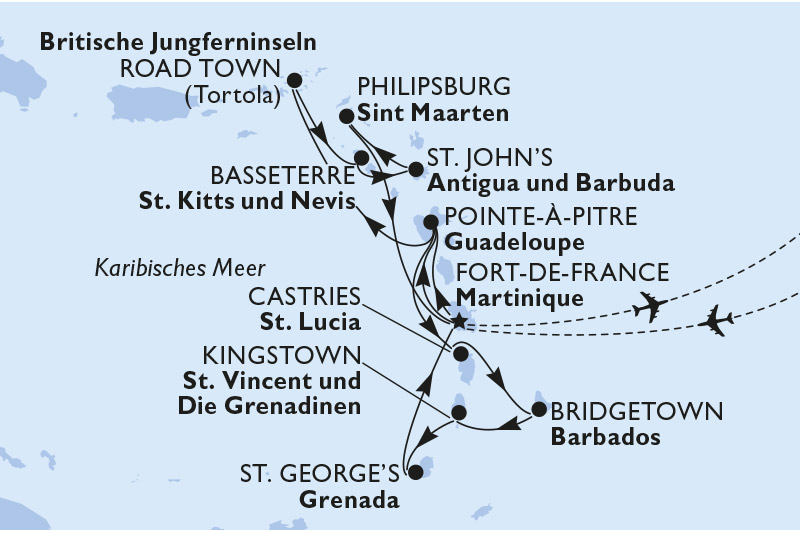 Routenkarte Kreuzfahrt Karibik und Antillen